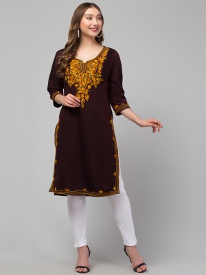 CROWNKING Women Embroidered Straight Kurta(Purple)