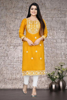 zyqo Women Embroidered Straight Kurta(Yellow)