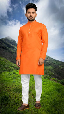BISWAS Men Solid Straight Kurta(Orange)