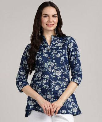 Blocks Of India Women Floral Print Cape Top Kurta(Blue)