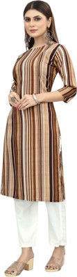HouseOfCommon Women Striped Straight Kurta(Brown)