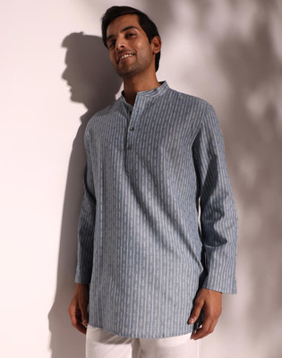 Fabindia Men Striped Straight Kurta(Grey)
