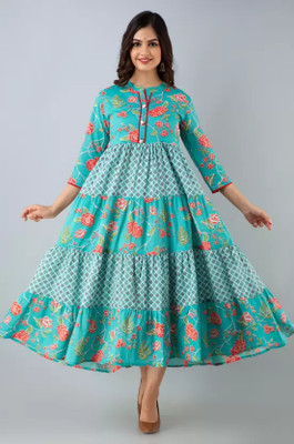 Rkmetalworks Women Printed Anarkali Kurta(Light Blue)