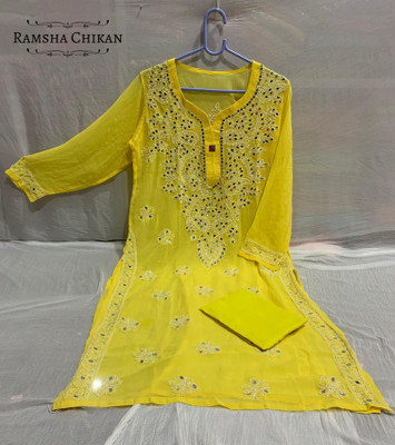 RAMSHA CHIKAN Women Embroidered Straight Kurta(Yellow)