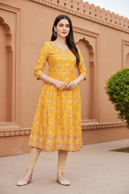 Aurelia Women Floral Print A-line Kurta(Yellow)