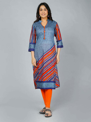 Jevi Prints Women Striped, Printed Straight Kurta(Grey)