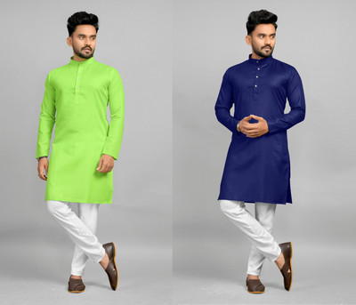 Fashionfricks Men Solid Straight Kurta(Blue, Green)
