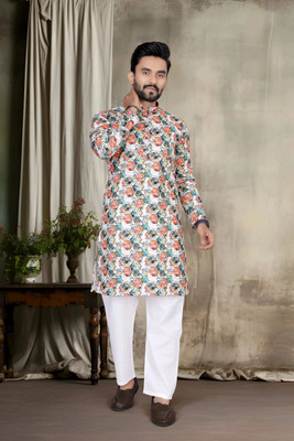 VALAKI Men Printed Straight Kurta(Orange)