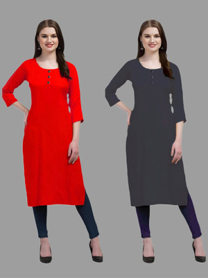 Coft Women Solid Straight Kurta(Red, Grey)