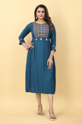 KIWIE Women Embroidered A-line Kurta(Blue)