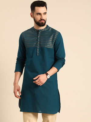 ANOUK Men Striped Straight Kurta(Blue)