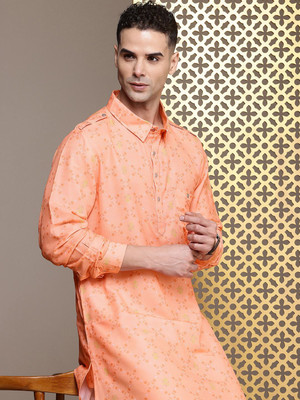 House of Pataudi Men Printed Pathani Kurta(Orange)