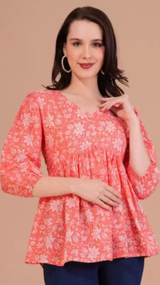 shri siddhi vinayak Women Self Design Tunic Kurta(Orange, White)