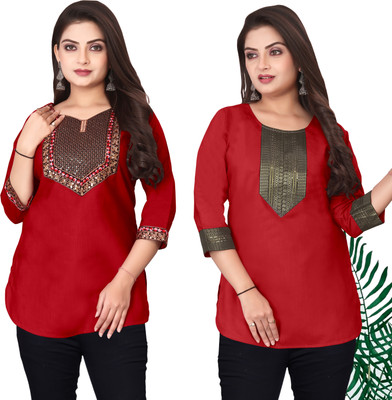 FSR Women Embroidered Straight Kurta(Red)