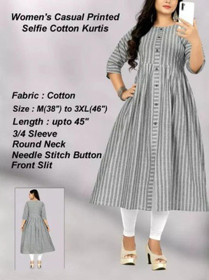 Ladylaz Women Striped Anarkali Kurta(Grey)