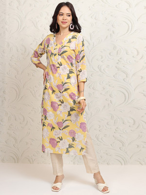 Vishudh Women Printed Straight Kurta(Yellow)