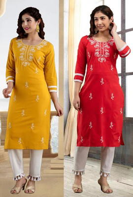 SISTO Women Chikan Embroidery Straight Kurta(Multicolor)