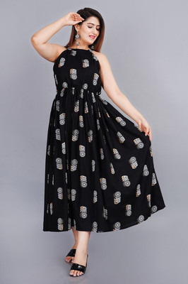 SMIEN Women Printed Flared Kurta(Black)
