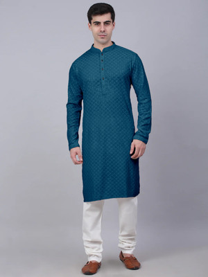 CRYSTALSTYLE Men Embellished, Embroidered Straight Kurta(Blue)