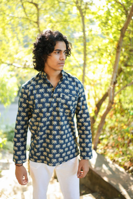 LESENSO Men Block Print Straight Kurta(Blue)