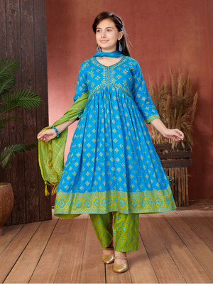 Aarika Girls Printed A-line Kurta(Blue)