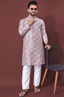FOXDX Men Embroidered A-line Kurta(Multicolor)