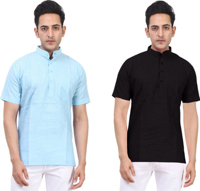 Kavita Fasion Men Solid Straight Kurta(Light Blue, Black)