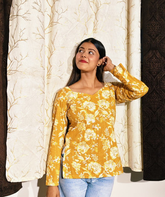 Sisternity Women Floral Print A-line Kurta(Yellow)