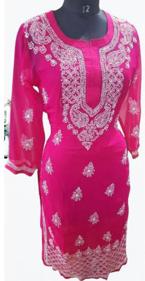 KKHANSHENTP Women Chikan Embroidery Ethnic Dress Kurta(Pink)