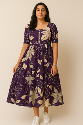 DESI ART Women Floral Print Flared Kurta(Purple)