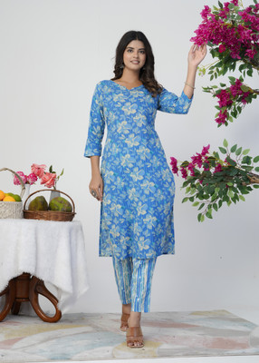 sanjarifashion Women Floral Print Straight Kurta(Blue)