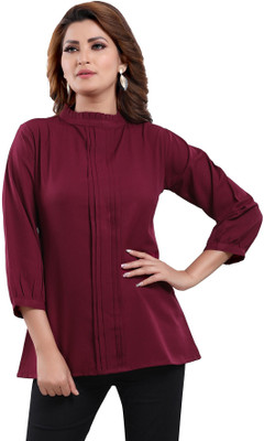 Anmi Wine Color Poly Crepe Office Wear Short Tunic Top Solid Women Straight Kurta(Purple)