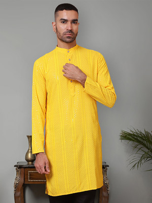 Jompers Men Embroidered Straight Kurta(Yellow)
