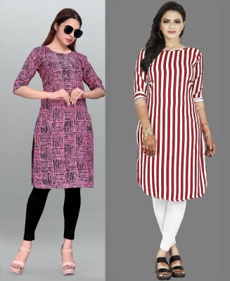 tanvi creation Women Striped, Printed Straight Kurta(Red, Pink)