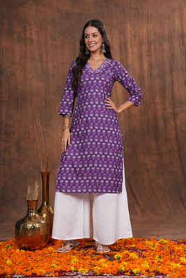 Vilgi Women Block Print Straight Kurta(Purple)
