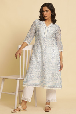 W Women Floral Print Straight Kurta(White, Blue)