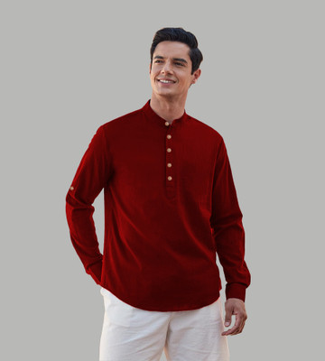 HouseOfCommon Men Solid Straight Kurta(Maroon)