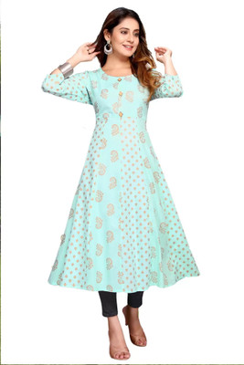 RIXRY Women Floral Print Flared Kurta(Light Blue, Gold)