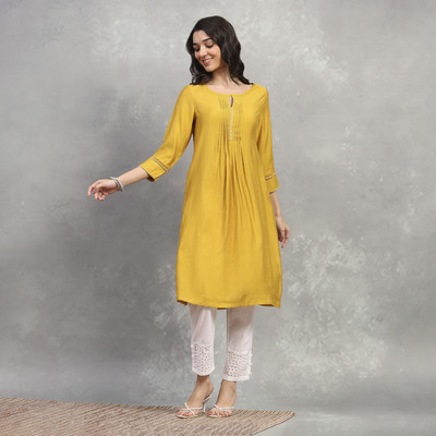 RANGRITI Women Solid Straight Kurta(Yellow)