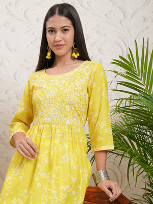Vishudh Women Printed A-line Kurta(Yellow)