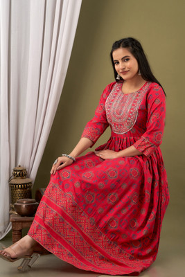 Aaradhiya Creation Women Embroidered Anarkali Kurta(Red)
