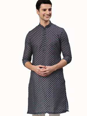 Manthan Men Printed Straight Kurta(Blue)