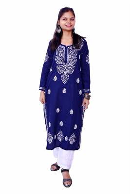 Ah creation Women Chikan Embroidery Ethnic Dress Kurta(Dark Blue)