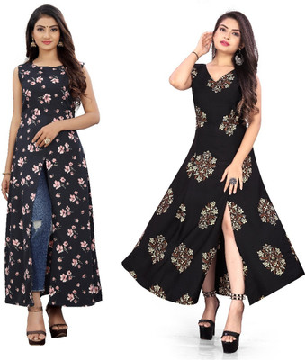 Hiral Creation Women Floral Print Frontslit Kurta(Black)