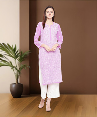 ADA Women Chikan Embroidery, Embroidered Straight Kurta(Purple)