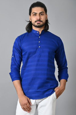 PROTOZONE Men Self Design, Solid Straight Kurta(Blue)