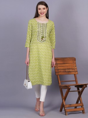 Highlight fashion export Women Floral Print Straight Kurta(Green)