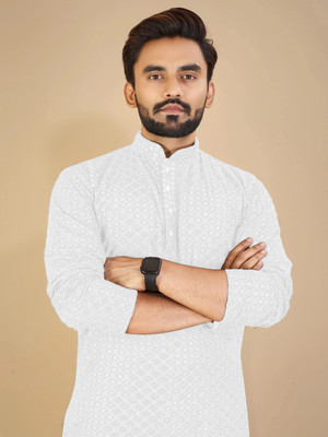 MENSKURTA Men Embellished Straight Kurta(White)