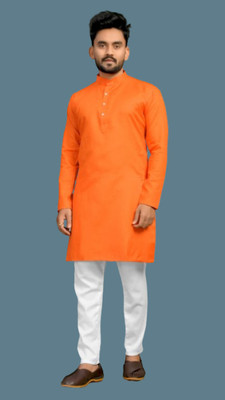 M Biswas Men Solid A-line Kurta(Orange)