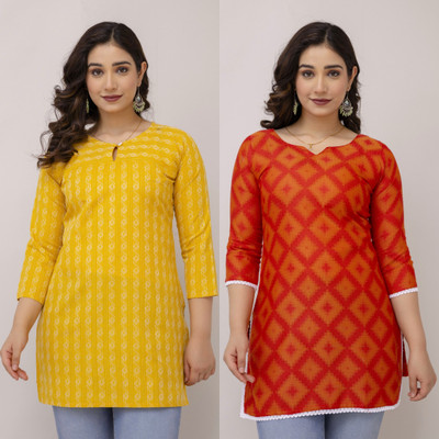 S N FASHION Women Self Design, Geometric Print A-line Kurta(Yellow, Red)